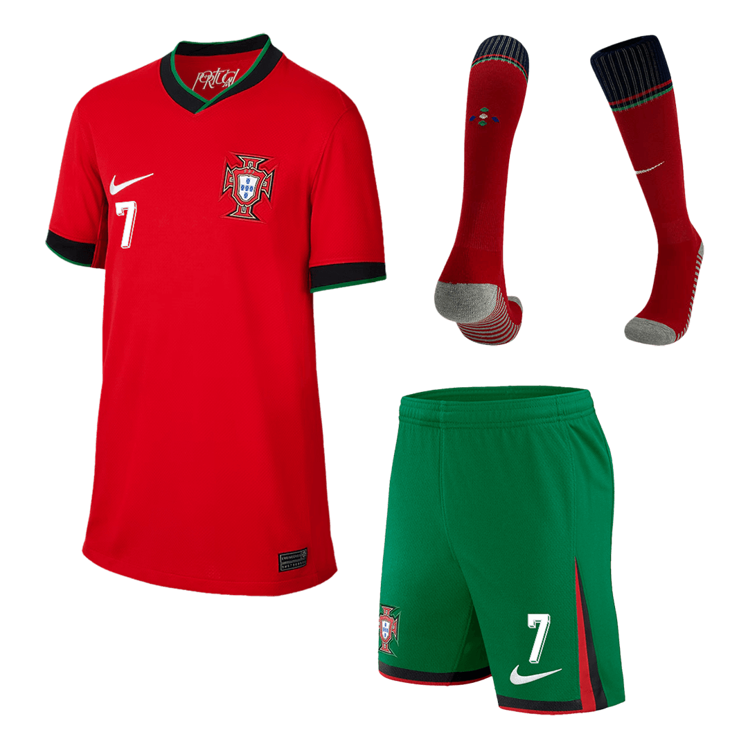 Camiseta local de Portugal #7 Ronaldo para niños, Eurocopa 2024 (pantalones cortos + medias)