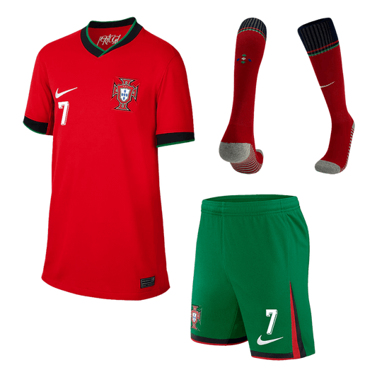 Camiseta local de Portugal #7 Ronaldo para niños, Eurocopa 2024 (pantalones cortos + medias)