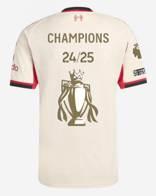 Camiseta de visitante del Liverpool 2025/26 - CAMPEONES 24/25 y Trofeo de Oro e Insignia