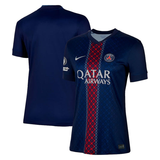 Camiseta de local del PSG para mujer 2025-26 con la insignia de la Champions League y el 10.º aniversario de la Fundación UEFA