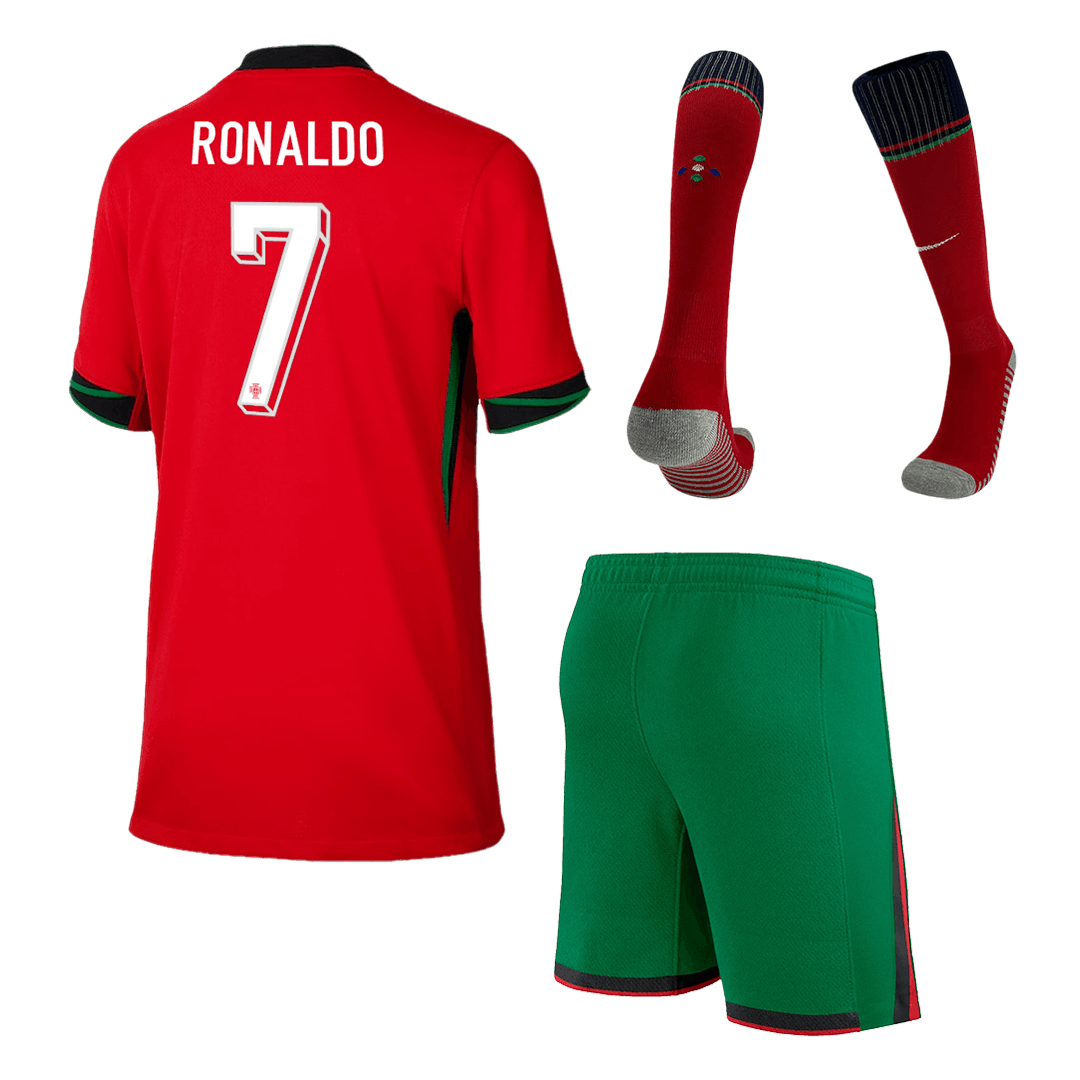 Camiseta local de Portugal #7 Ronaldo para niños, Eurocopa 2024 (pantalones cortos + medias)
