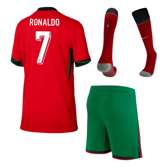 Camiseta local de Portugal #7 Ronaldo para niños, Eurocopa 2024 (pantalones cortos + medias)
