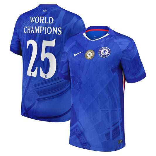 Camiseta de fútbol local de la Copa del Chelsea 2025-26 con dorsal del campeón del mundo 25