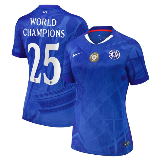 Camiseta de fútbol local de la Copa del Chelsea para mujer 2025-26 con el escudo del campeón del mundo 25 en el pecho