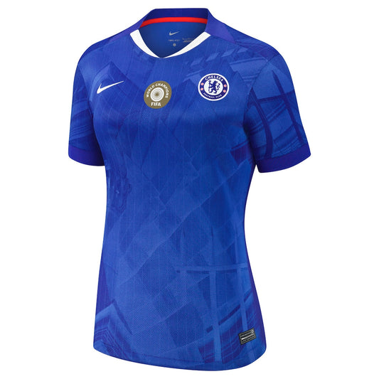 Camiseta de fútbol local de la Copa del Chelsea para mujer 2025-26 con el escudo del campeón del mundo 25 en el pecho