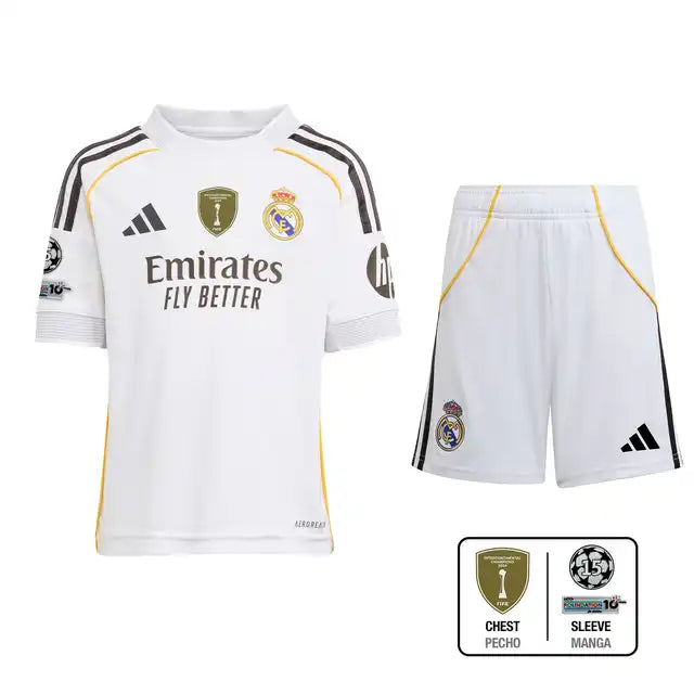 Camiseta de fútbol local del Real Madrid para niño (camiseta, pantalón corto y medias) 2025/26