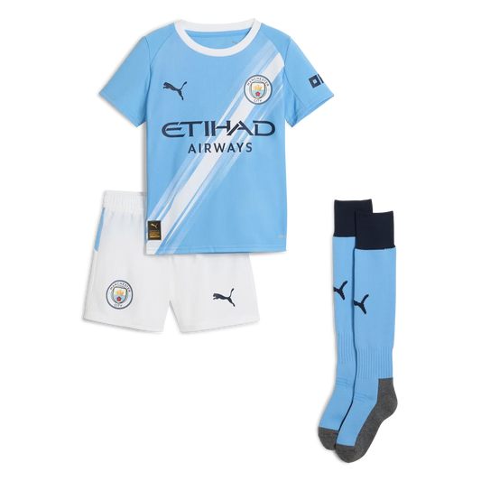 Camiseta de fútbol local del Manchester City para niño (camiseta, pantalón corto y calcetines) 2025/26