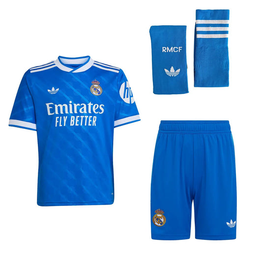 Camiseta de fútbol infantil de visitante del Real Madrid (camiseta, pantalón corto y medias) 2025/26