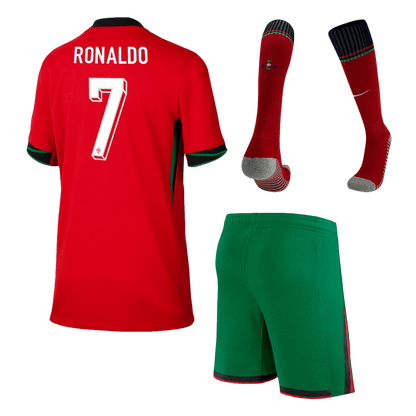 Camiseta local de Portugal #7 Ronaldo para niños, Eurocopa 2024 (pantalones cortos + medias)