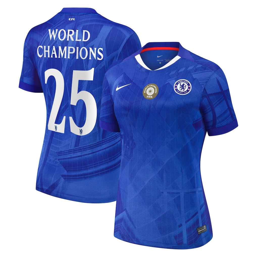 Camiseta de fútbol local de la Copa del Chelsea para mujer 2025-26 con el escudo del campeón del mundo 25 en el pecho