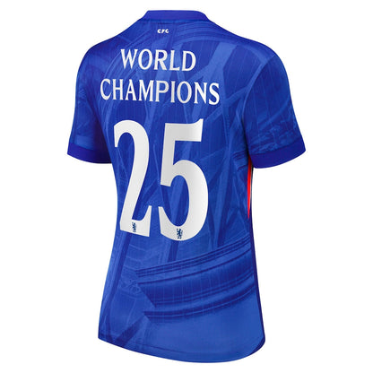 Camiseta de fútbol local de la Copa del Chelsea para mujer 2025-26 con el escudo del campeón del mundo 25 en el pecho