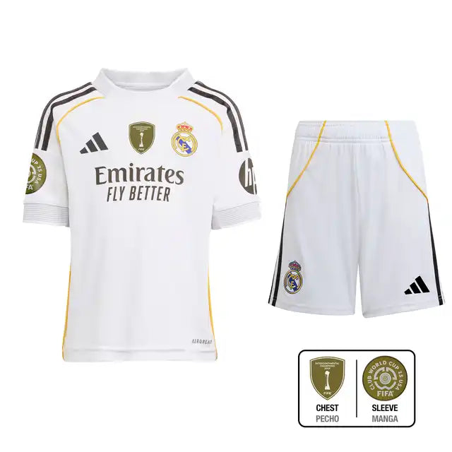 Camiseta de fútbol local del Real Madrid para niño (camiseta, pantalón corto y medias) 2025/26