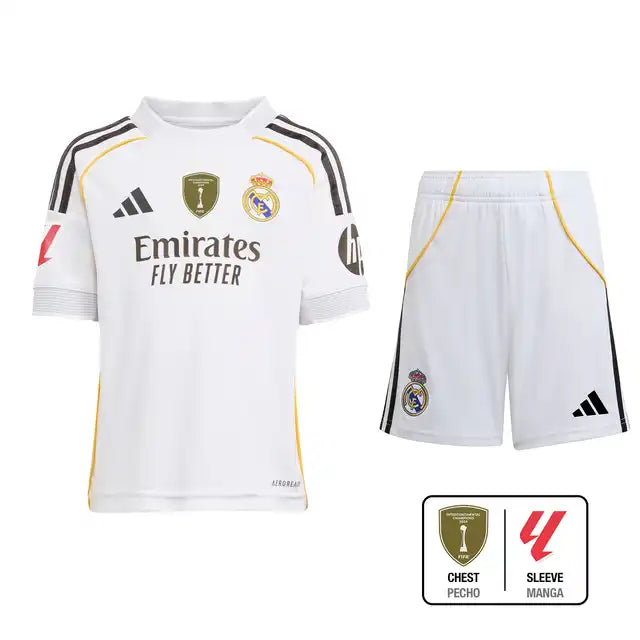 Camiseta de fútbol local del Real Madrid para niño (camiseta, pantalón corto y medias) 2025/26